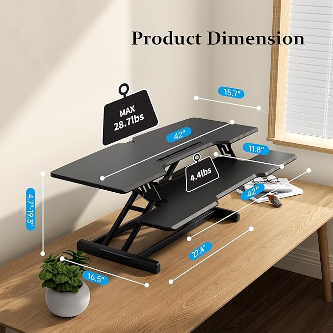 JYLH JOYSEEKER 42 inch Standing Desk Converter, Height Adjustable Desktop Standing Desk with Keyboard Tray for Two Monitors, Sit to Stand up Desk Riser Computer Workstation for Home Office, Black