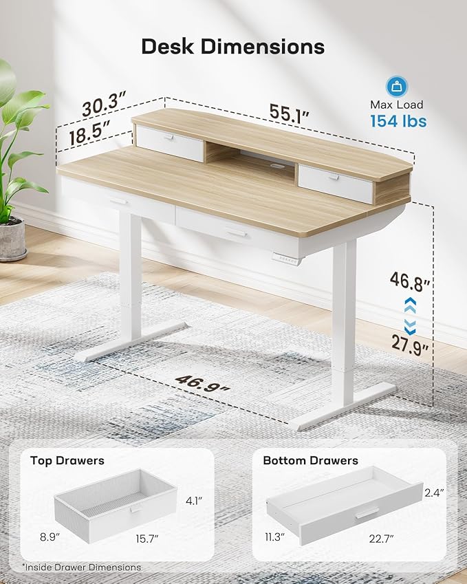 HUANUO 55 x 30 inch Electric Standing Desk with Wood Drawers, Adjustable Height Sit Stand Home Office Desk with Two Tiers, Ergonomic Adjustable Stand up Desk C-Clamp Monitor Mount Compatible, Natural