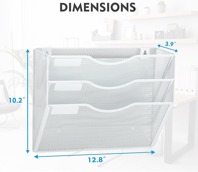 EASEPRES Magnetic 3 Pocket Mesh Hanging Wall File Organizer, Wall Mounted Mail Paper Document Folder Holder, Clipboard Storage Magazine Rack with Nametag Label for Office Home School, White