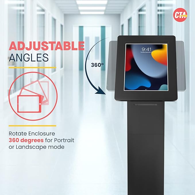 CTA Digital Locking Kiosk & Enclosure – Premium Locking Floor Stand Kiosk with Universal Security Enclosure - Storage and Cable Management for Retail POS - Ordering Screens & More Black (PAD-PARAFPE)