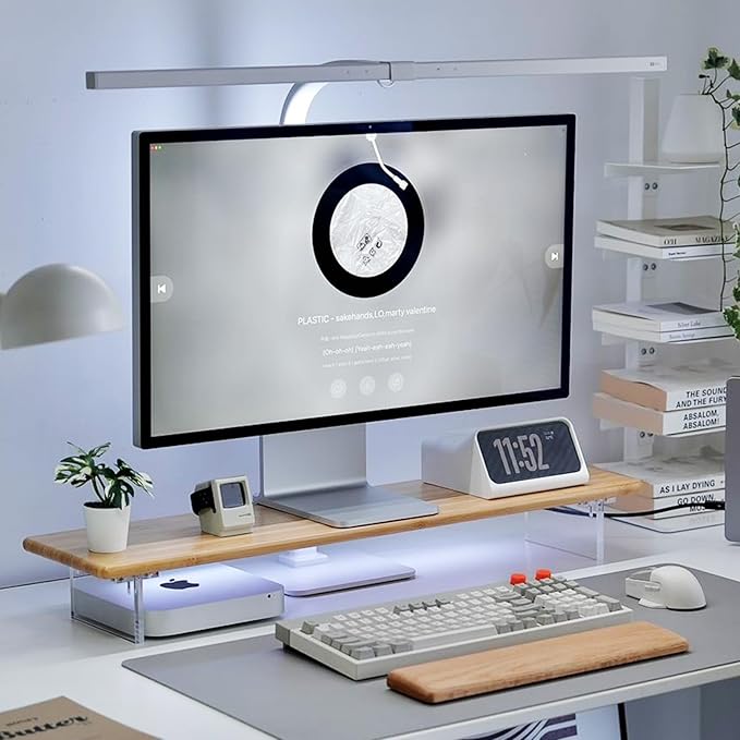 ROCDEER Bamboo Monitor Stand Riser with RGB Lights,31.5 Inches Desktop Shelf with Acrylic Legs Supports for Desk, PC Computer Monitor, Laptops, Printer, Speakers (Natural)