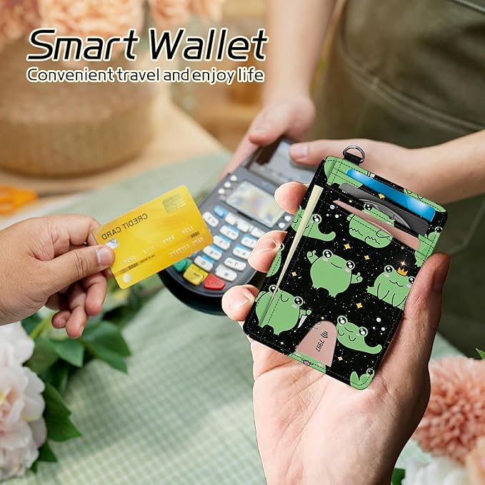 BWEGRHE Small Travel Wallets, Princess Frog Slim Minimalist Front Pocket Wallet with Wristlet, RFID Blocking PU Leather Credit Card Holder with ID Window Change Purse for Men Women