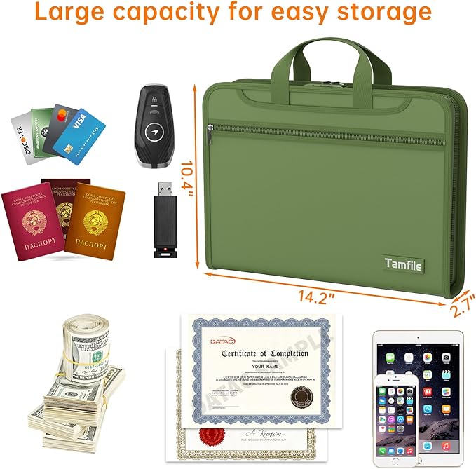 5200℉ Fireproof Accordion File Organizer with Lock, Thickened Document Organizer 13 Colorful Pocket with Labels, Important Document Organizer, Expanding File Folder with Handle for Letter A4 (Green)