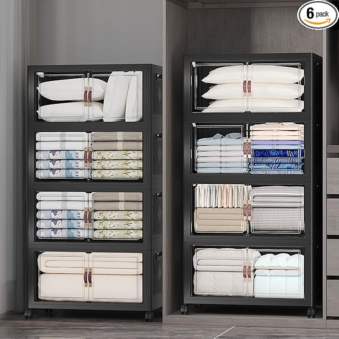 UAMFURI Extra Large Stackable Storage Bins with Lids & Wheels & Door, 1280QT-160QT/40GAL*8Pack Foldable Collapsible Closet Organizers, Plastic containers drawers for bedroom Dorm
