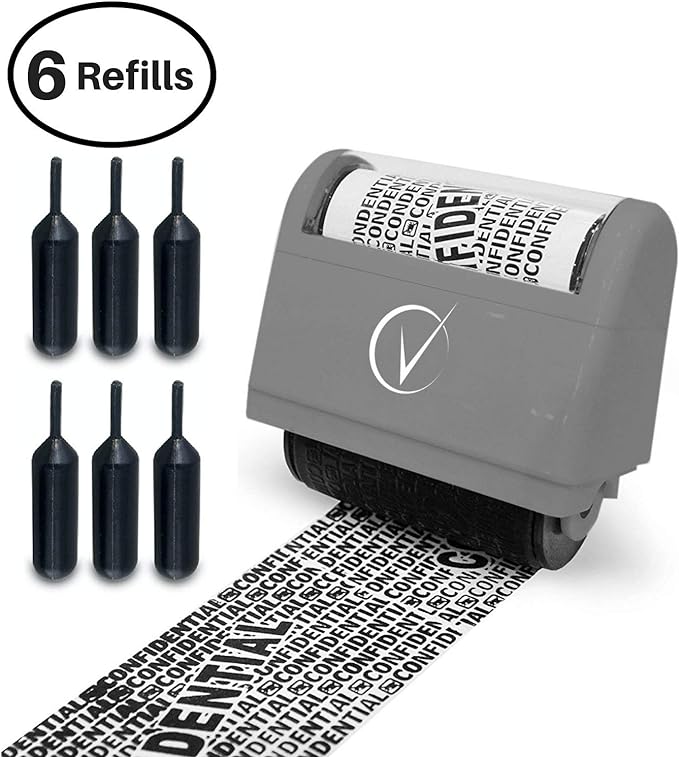Vantamo Identity Theft Protection Roller Stamp for Hiding Sensitive Information, Wide Confidential Stamp with 6 Ink Refill, Security Stamp Roller for Identity Theft Prevention, Classy Gray