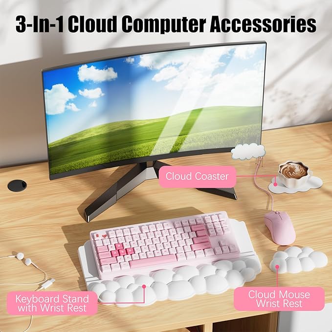 Ergonomic Wrist Rest for Keyboard and Mouse, Soft Memory Foam Cloud Keyboard Stand Pad with Wrist Rest Set, Easy Typing, Pain Relief, Comfort for Office, Work, Gaming - White