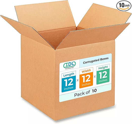 IDL Packaging - B-121212-10 Medium Corrugated Moving Boxes 12"L x 12”W x 12"H (Pack of 10) - Excellent Choice for Packing All Kitchen Staff for Moving or Relocating