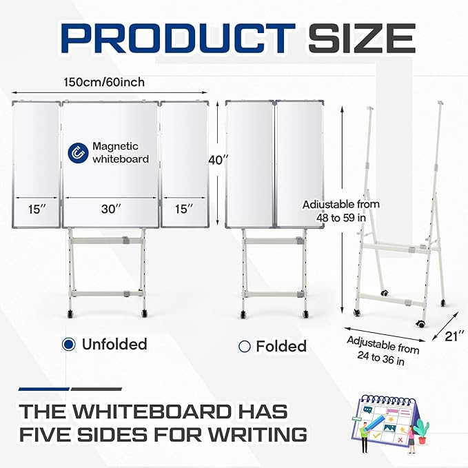 40" x 60" Rolling Whiteboard Foldable Dry Erase Board with Stand, Large Tri Folding Whiteboard Magnetic Dry Erase Board, Wall Aluminium Frame and Pen Tray for Education Office Home