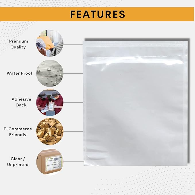 300 Pack 7"x10" Shipping Label Sleeves – Clear Self-Adhesive Packing Slip Pouches, Waterproof Packing List Envelopes – Ideal for Shipping Documents, Mailing Labels, Invoices & Packing Slips
