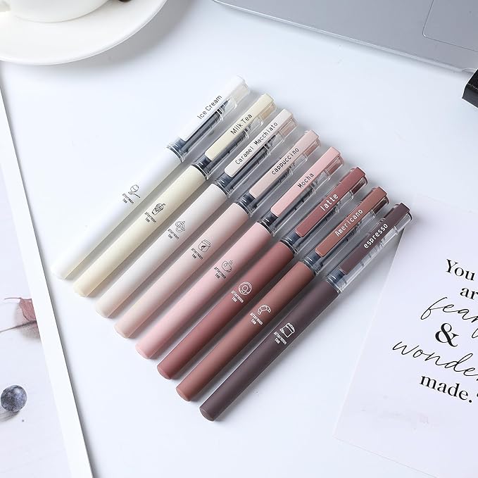 FUNFULL Aesthetic Cute Stick Rollerball Pens, 8pcs Quick Dry Colored Liquid Ink Pens, 0.5mm Fine Point Coffee Gel Pens with Soft Touch Smooth Writing for Journaling Planner School Supplies