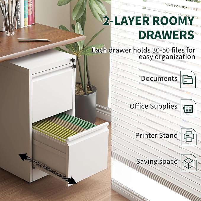 Yukimo 2 Drawer File Cabinet for Home Office, Vertical File Cabinet with Lock, Locking File Cabinet Hanging Files for A4/ Legal/Letter, Require Assembly, White