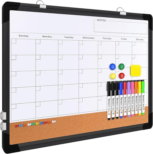 Monthly Calendar Whiteboard, 24"x18" Dry Erase Cork Board Combination for Wall, Magnetic Dry Erase Board, Double-Sided White Board, Portable Board for Office, Kitchen, Planning, Memo, School, Home