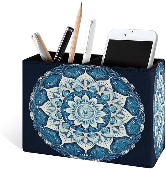 Famame Round Blue Mandala Pencil Holder for Desk, Leather Desktop Container Pen Cup Storage Study Table Pen Organizer Makeup Brush Holder for Classroom Office Home