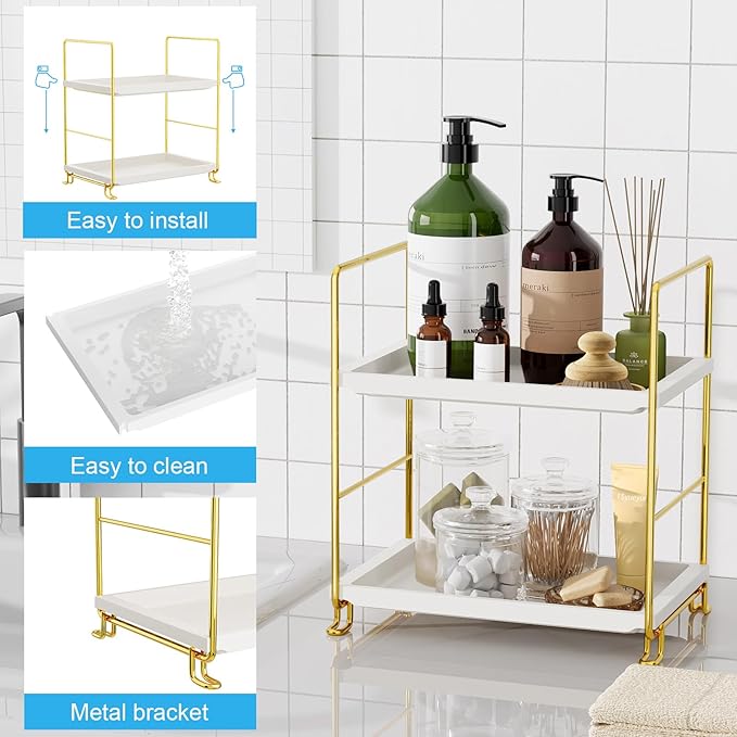 FSyueyun 2-Tier Bathroom Countertop Organizer, Tool-Less Installation Premium Plastics Makeup Shelf Organizer Perfume Skincare for Dresser Vanity Tray Organizers and Storage (Gold)