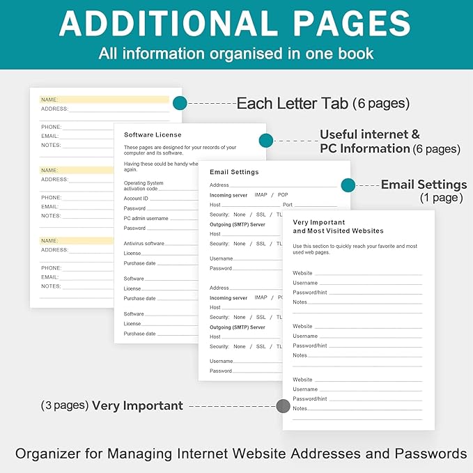 Address Book with Colorful Alphabetical Tabs (8.4" x 5.7") – Hardcover Contact Organizer for Website Passwords, Telephone, Software Licenses, and Important Information – Seagreen
