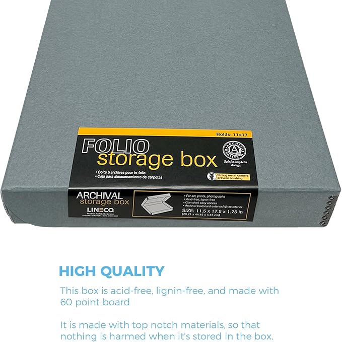 Lineco Folio Storage Box, Clamshell Design with Metal Edge. 11.5x17.5x1.75 Inches, Archival Boxboard, Preserve Photos, Cards, Magazines, Documents, Art, Ephemera, Family Records, Gray, Pack of 1