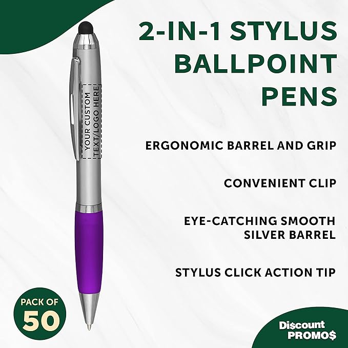 DISCOUNT PROMOS Custom Stylus Ballpoint Pens Set of 50, Personalized Bulk Pack - Black Ink, Great for Office, School, Business, Tradeshows, Events - Purple