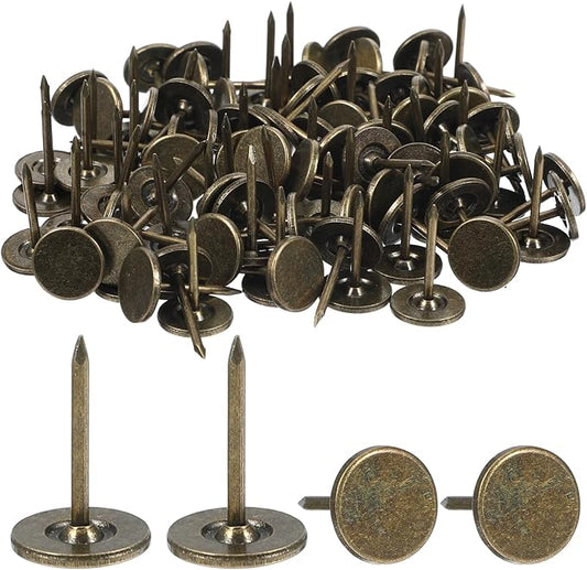 100 Pcs Heavy Duty Thumb Tacks, 7/16 Inch Flat Head Carpet Tacks, Decorative Extra Long Push Pins for Office Home Furniture Upholstery Carpets Wood Surfaces(Antique Brass)
