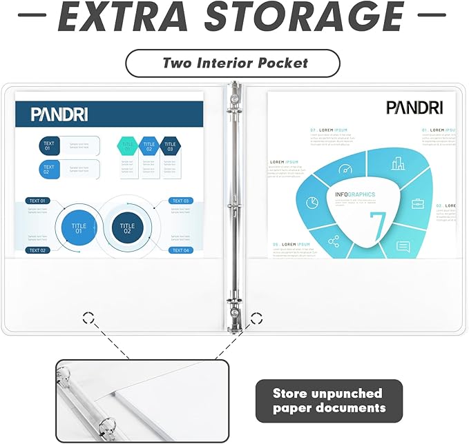 3 Ring Binder 0.5 Inch, PANDRI 6 Pack Binder Fits Letter Size 8.5'' x 11'' Paper, Versatile Binders for Office Home School, 2 Pockets, White