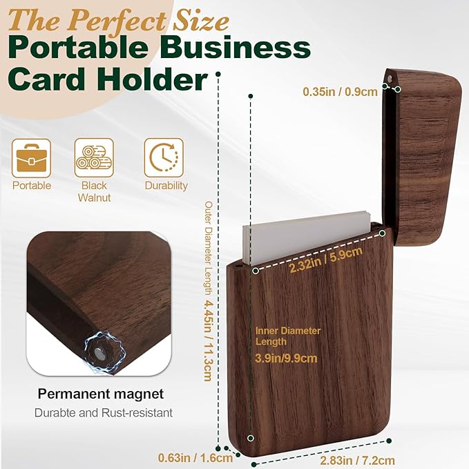 Yookin Wood Business Card Holder Wooden Magnetic Business Card Case Portable Simple (Black Walnut)