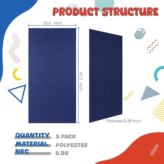 EVENRISING Acoustic Panels 5 Pack, Large Polyester Soundproof Panels 47.2x23.6x0.4 inch,Self-Adhesive Acoustic Treatment for Recording Studio & Office, Vertical, Navy Blue