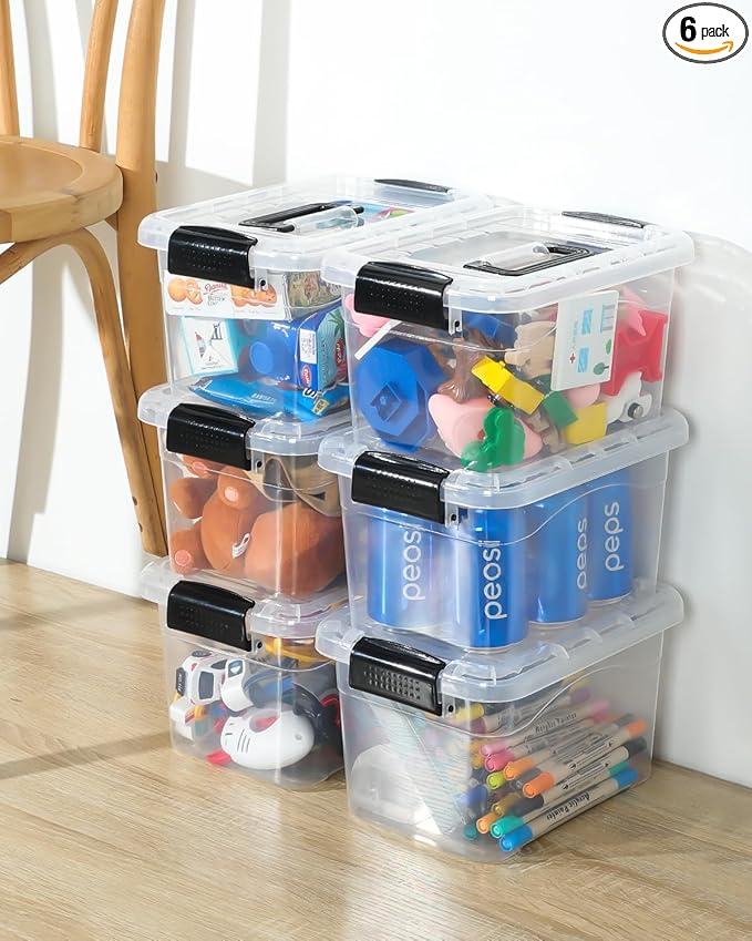 EOENVIVS Plastic Storage Bins 7 Quart-Storage Organizer Bins with Black Buckle Lids, Stackable Storage Bins with Lids for Home Office Kids Room Closet School Art Organization
