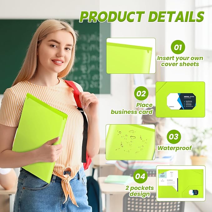 Henoyso 18 Pcs Plastic Folders with Clear Front Pockets Heavy Duty File Folders with 2 Pockets and Card Slot for Student Communication School Office Presentation Report (Fluorescent Green)