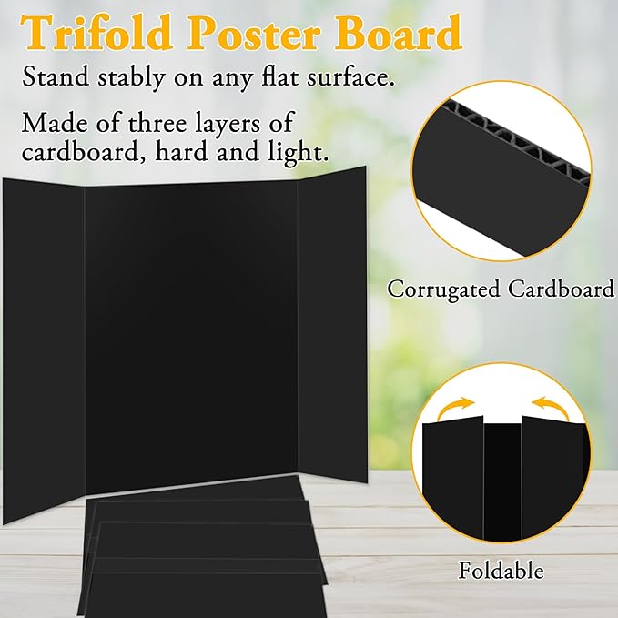 AKONEGE 4PCS Medium Trifold Poster Board 26" x 16" Black Tri Fold Presentation Boards, Corrugated Cardboard Picture/Project Display Boards for Event, Exhibition, Business, School Project, Science Fair