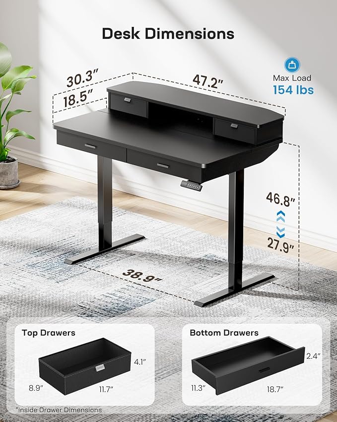 HUANUO 48 x 30 inch Electric Standing Desk with Wood Drawers, Adjustable Height Sit Stand Home Office Desk with Two Tiers, Ergonomic Adjustable Stand up Desk C-Clamp Monitor Mount Compatible, Black