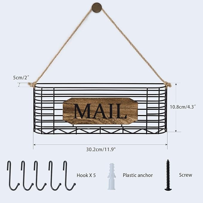 SRIWATANA Mail Holder, Rustic Mail Organizer Wall Mount Hanging Mail Sorter Letter Basket with 5 Key Holder for Wall, Large, Carbonized Black