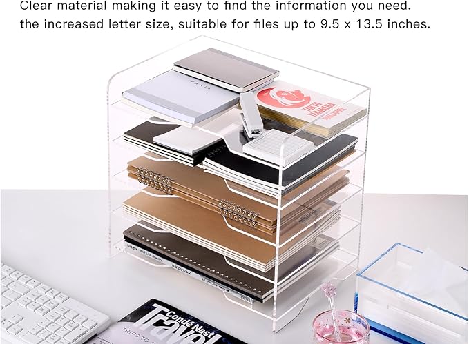 HeZone Acrylic Paper Letter Tray Organizer, 5 Tiers, Transparent, Modern, Rectangular, Stackable, Office