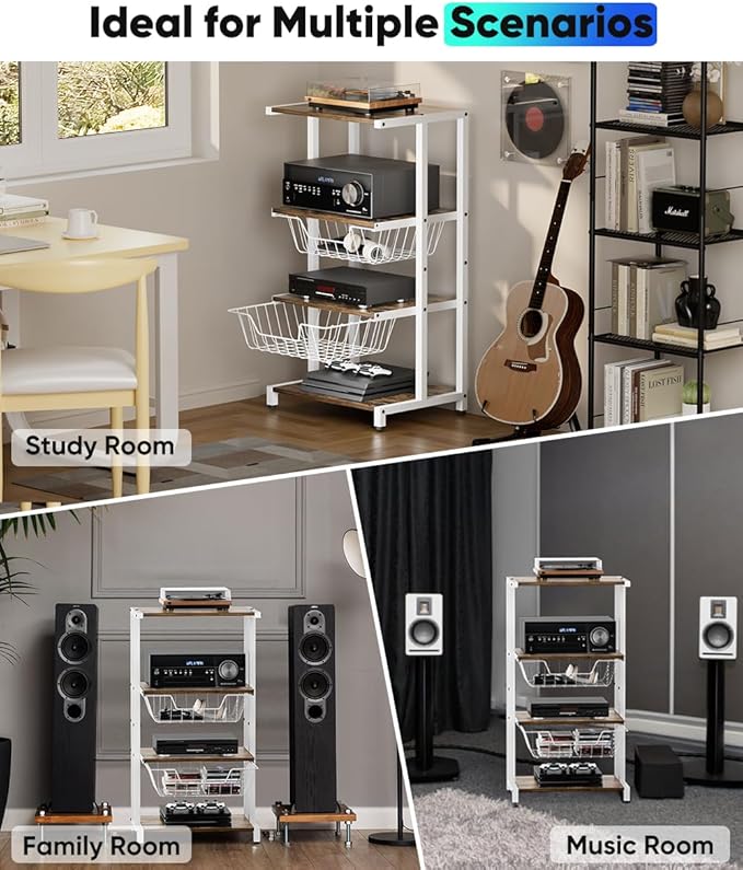 Ardier Media Stand with Two Detachable Baskets, 4-Tier AV Media Stand Corner Shelf for DVD Players/Cable Boxes/Games Consoles, Audio Storage Rack for Living Room, Gaming Room, Music Studio, White