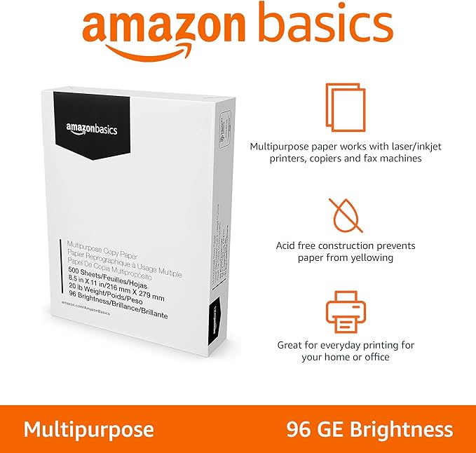 Amazon Basics Multipurpose Copy Printer Paper, 8.5 x 11 Inches, 20 lb, 1 Ream, (500 Sheets), 96 Bright, White