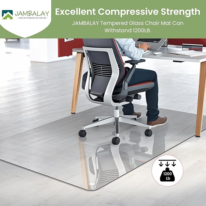 JAMBALAY 55″×46″ Tempered Glass Chair Mat, Heavy Duty Glass Office Floor Mat for Carpets and Wooden Floor, with 12 Anti-Slip Pads, Polished Edges and Round Corners, Easy Roll On, Thick 0.2″