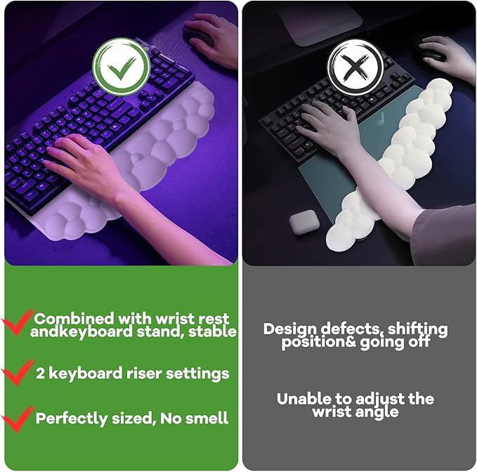 Ergonomic Wrist Rest for Keyboard and Mouse, Soft Memory Foam Cloud Keyboard Stand Pad with Wrist Rest Set, Easy Typing, Pain Relief, Comfort for Office, Work, Gaming - White