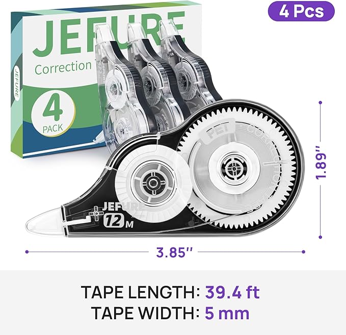JEFURE 4 Pcs Correction Tape, 39.37 Ft White Wrong Out Tear-Resistant Bulk, Instant Corrections Easy to Use Applicator for School, Office, Note Taking, Journal (Tape Width 0.2 in，Clear)