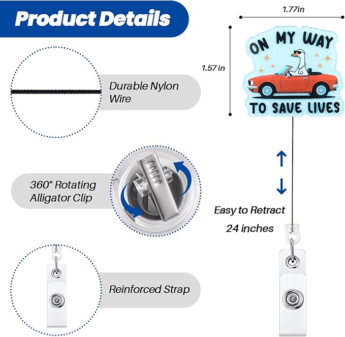 On My Way To Save Lives Funny Silly Goose Nurse Badge Reel, Cute Paramedic Retractable ID Card Badge Holder, Name Tag Badge Clip for RN ED/ER EMT CCM ICU NICU Nurse Nursing Student EMS Medical Workers