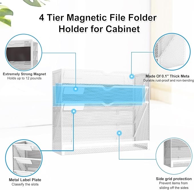 KZWKRG 4 Tier Magnetic File Holder, Large Capacity Mesh Hanging Wall Organizer Vertical Magnetic Hanging File Organizer, Magnetic File Folder Holder for File Cabinets, Office, Whiteboard (White)