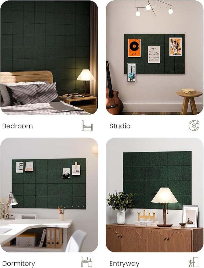 Large Felt Bulletin Board 36"x24", 6-Pack 4-Compartment Wall Organizer, Cork Board Alternative with 60 Removable Adhesive Tabs, Modular Felt Panels for Home Office, Classroom and Study-Pine Green