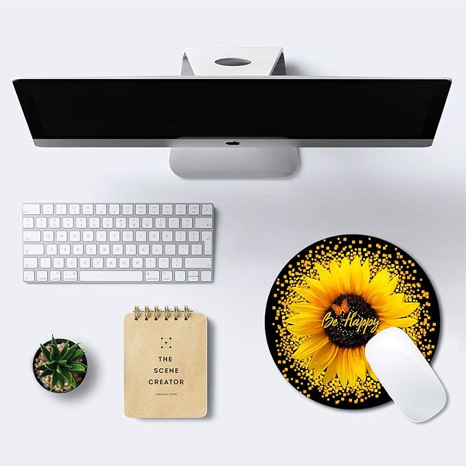 IMAYONDIA Round Mouse Pad, Sunflower and Butterfly Mouse Pad, Yellow Flower Mouse Mat, Inspirational Quote Be Happy Mousepad, Non-Slip Rubber Base MousePads for Office Laptop Computer, 7.9 x 7.9 Inch