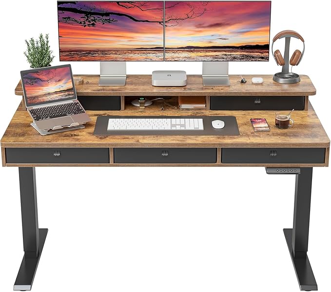 FEZIBO Height Adjustable Electric Standing Desk with 5 Drawers, 55 x 24 Inch Table with Storage Shelf, Sit Stand Desk Black Frame/Rustic Brown Top, 55 inch