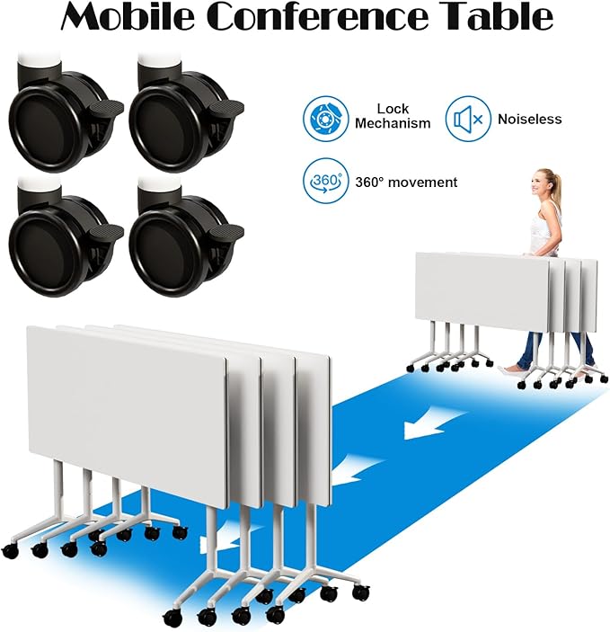 Conference Table Flip Top Mobile Conference Room Tables,Folding Conference Table with Wheels,Large Meeting Training Seminar Table Saving Space for Office Classroom (8, White, 61'')
