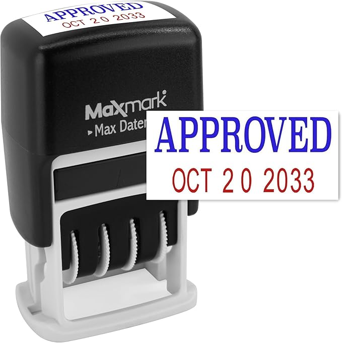 MaxMark Self-Inking Rubber Date Office Stamp with Approved Phrase Blue Ink & Date RED Ink (Max Dater II), 12-Year Band