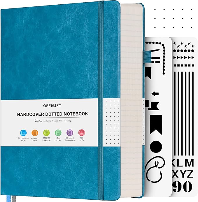 OFFIGIFT Bullet Dotted Journal Notebook, A5 Hardcover Dot Journal, 312 Numbered Pages Leather Journal, 100gsm No Bleed Paper Dot Grid Notebook with Index Pages for Women Men, 5.75" x 8.38", Blue