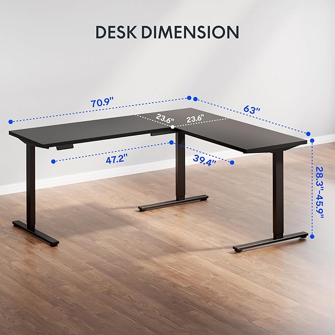 FLEXISPOT L Shaped Standing Desk, 71 x 63 Inch Electric Height Adjustable Corner Desk, Sit Stand Computer Workstation, Preset Controller, Home Office, Black Frame with Black Top, Black Drawer