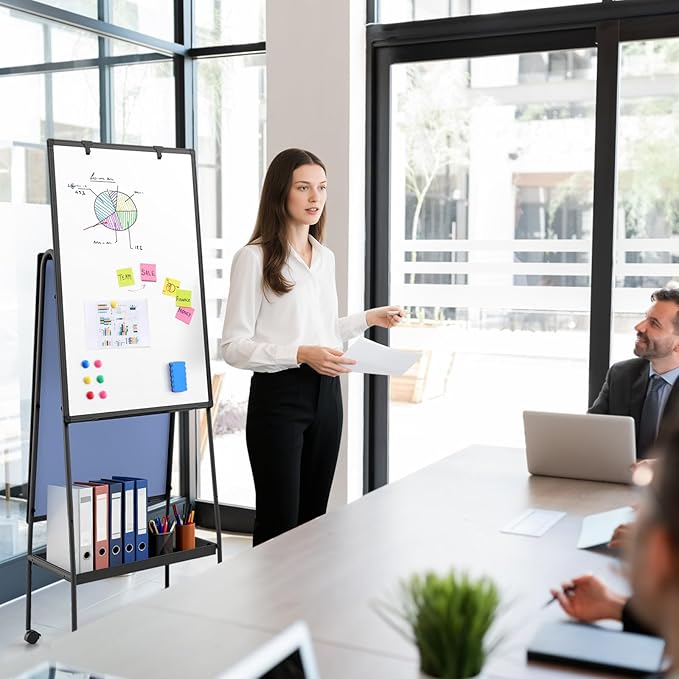 MAKELLO Rolling Whiteboard on Wheels 36x24 in, Double Sided Mobile White Board with Storage Tray for Office School Home, Magnetic Classroom Easel for Teacher, Height Adjustable, Aluminum Frame, 3'x2'