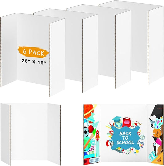 AKONEGE 6 Pack Medium Trifold Poster Board, 26" x 16" White Corrugated Cardboard Tri Fold Poster Boards for Presentation, School Projects, Science Fair, Photo Display Exhibitions Event