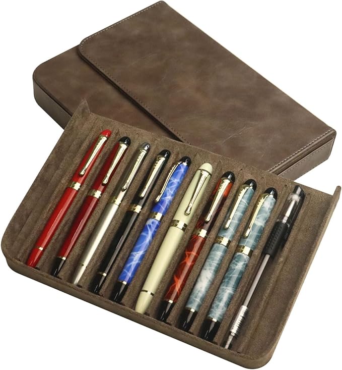 MIVLXLX PU Leather 12 Fountain Pen/Pencil Tray Case Organizer, Fashion Design, Handmade, Magnetic Closure with Drawer, Christmas Gift for Man/Woman/Office, 12 Slots(gray)
