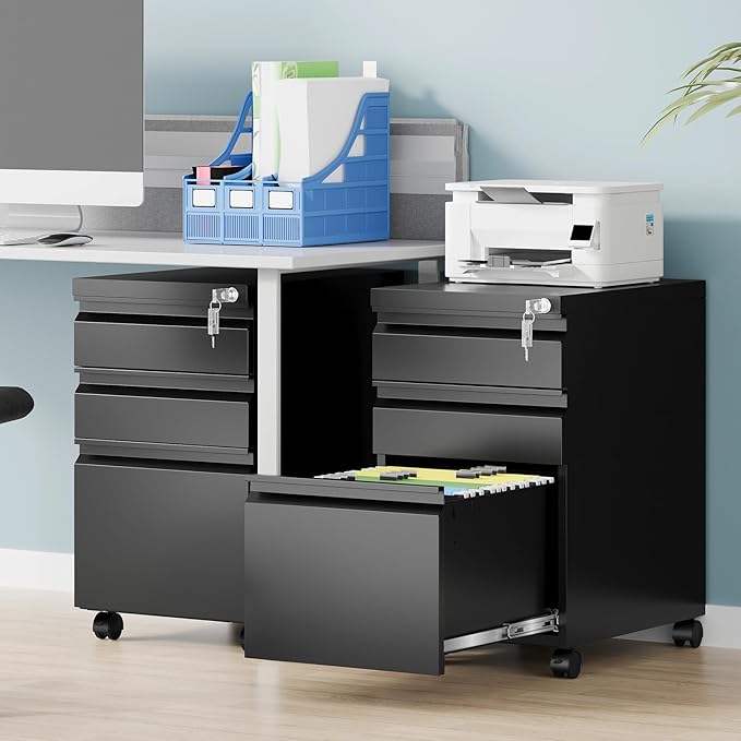 AFAIF 3 Drawer Mobile File Cabinet with Lock, Rolling Filing Cabinets for Home Office, Under Desk Small File Cabinet Three Drawers for Legal/Letter/A4 File, Black - Assembly Required