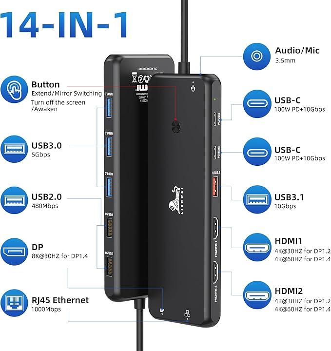 LIONWEI USB C Docking Station Dual Monitor 13 in 1 USB C Hub, Triple Display, 8 USB C/A Ports, Ethernet, Audio, Laptop Dock for MacBook,Dell,HP,Lenovo,Surface
